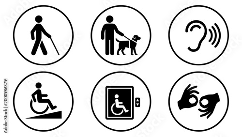 Accessibility and Inclusivity Icon Set on Transparent Background, accessibility, inclusivity, disability, accessible, wheelchair, wheelchair ramp, elevator, accessible elevator, hearing impairment, 