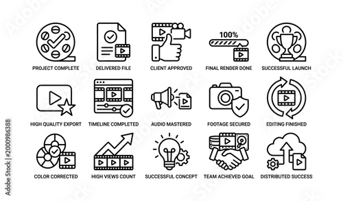 Video production milestone icons showing project completion in grid