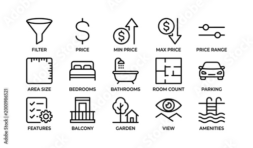 Property search icons showing filters and features on white backdrop