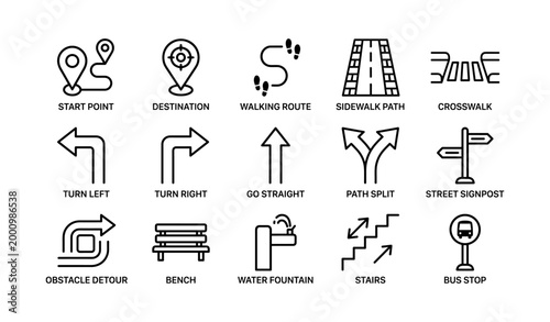 Wayfinding and path icons showing navigation cues and routes