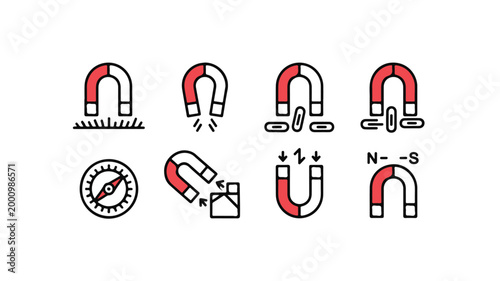 Magnet icon set showing magnetic force and attraction