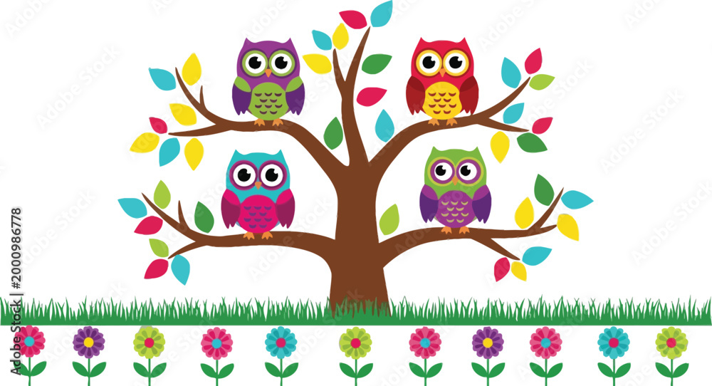 Fototapeta premium Colorful owls sitting on a tree with flowers Vector