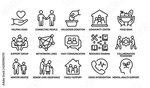 Community support icons showing volunteer and care symbols