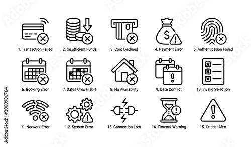 Payment and booking error icons showing common failure states