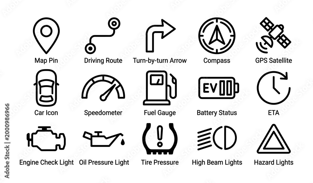 Fototapeta premium Navigation and vehicle icons showing driving and dashboard symbols