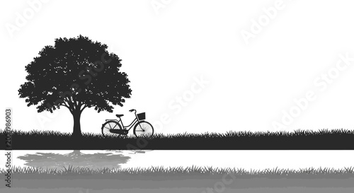A Quiet Silhouette: A bicycle rests peacefully beside a lush tree, reflecting in the tranquil waters below, capturing a moment of serenity and stillness in nature.
