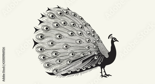Peacock's Majestic Display: A detailed monochrome illustration showcases a magnificent peacock in full display, its elaborate tail feathers fanned out, emphasizing its regal elegance.
