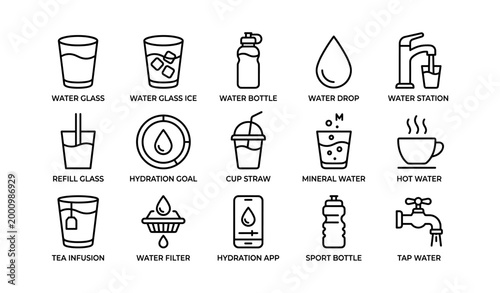 Hydration icons showing water containers and filters on white