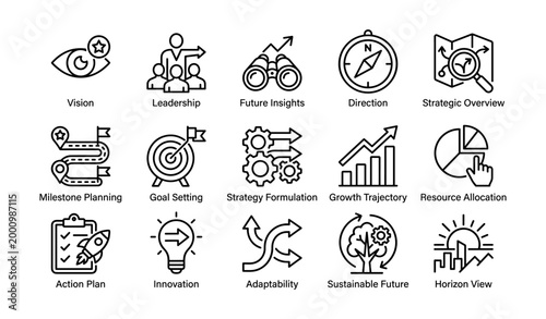 Business strategy icons showing planning concepts on white background