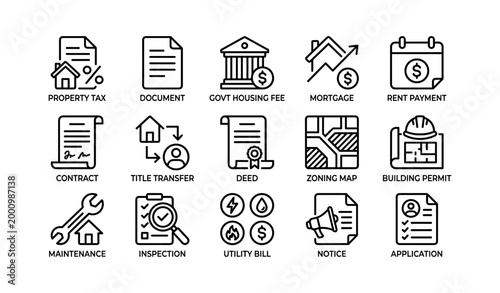 Real estate legal and finance icons arranged on white background