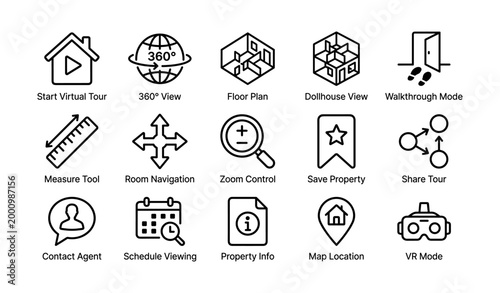 Real estate virtual tour icons arranged in grid on white background