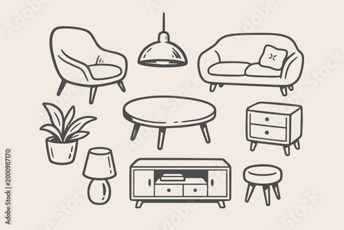 Minimalist Living Room Furniture Set With Sofa Armchair Table And Decor In Monochrome Line Vector Style