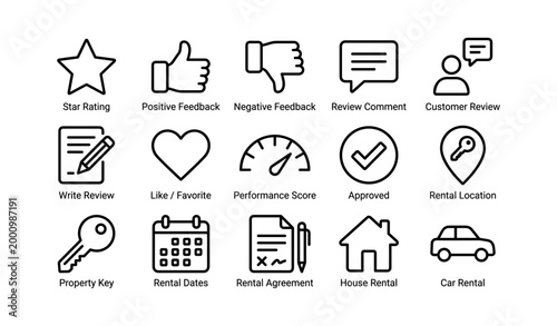 Rental and review icons illustrating ratings and services grid