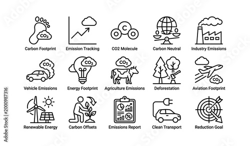 Carbon footprint and emissions icons showing environmental topics