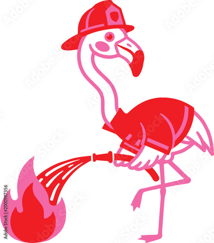 Firefighter flamingo mascot battling flames illustration