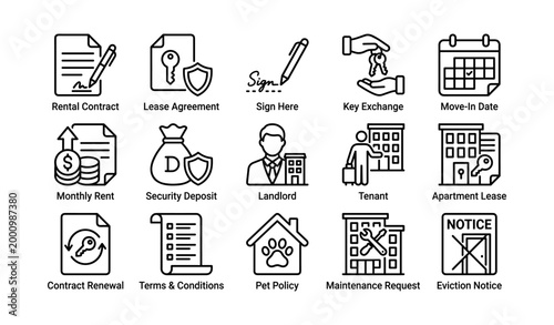 Property rental and lease process icons in grid layout