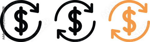 Currency exchange arrow icon set, vector financial icons with circular arrows and dollar symbol representing currency conversion banking operations and money transfer interface design.