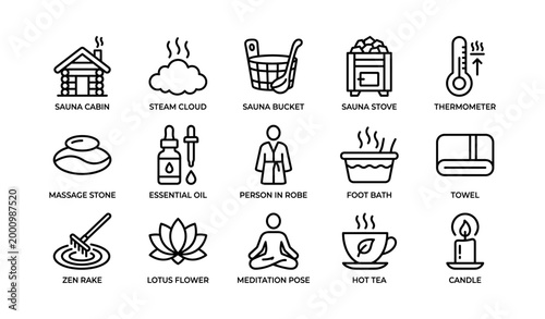 Spa and sauna icons illustrating wellness items on white background