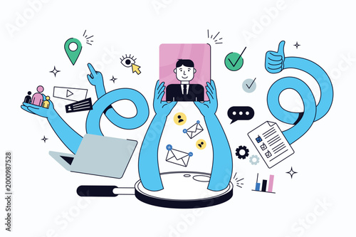 Human resources flat concept for web design. Recruitment and hiring process, best candidate resumes selection, vacancy job interview and work offers, employee staff management. Vector illustration.