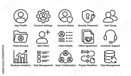 User account and client management icons on white background