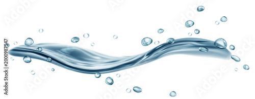 Translucent curved jet or splash of water with drops, in gray blue colors, isolated on transparent background. Transparency only in vector file