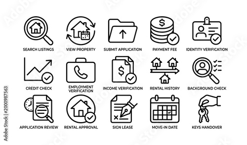 Rental application process icons and steps on white background