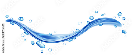 Translucent curved jet or splash of water with drops, in blue colors, isolated on transparent background. Transparency only in vector file