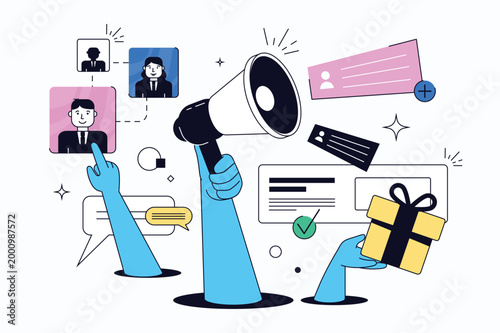 Referral marketing flat concept for web design. Business loyalty program for customers, promotion with refer friend, social media recommendation messages, affiliate collaboration. Vector illustration.