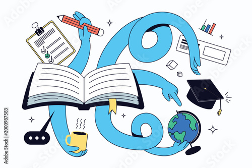 School learning flat concept for web design. Books and textbooks reading, exam and graduation diploma, student education in college or university, training at lesson and homework. Vector illustration.