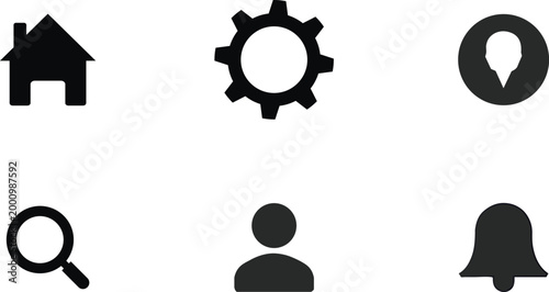 Set of Six Black UI Icons Including Home Gear User Search and Bell Keywords: icons, user interface, UI, web design, app design, home, house, settings, gear, cogwheel, user, profile, Grainy