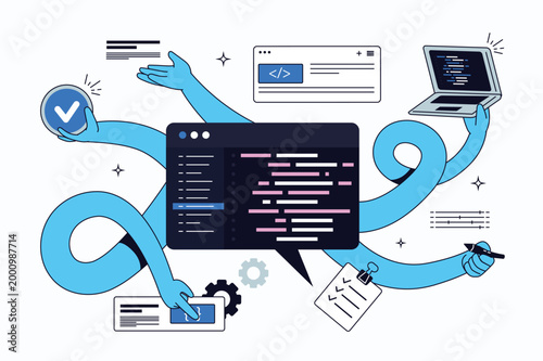 Software development flat concept for web design. Programming and creating IT products, testing cross platform code, editing scripts of apps or programs, engineering prototypes. Vector illustration.