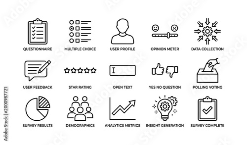 Survey icons showing feedback and analytics on white background