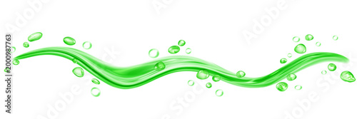 Translucent curved jet or splash of water with drops, in green colors, isolated on transparent background. Transparency only in vector file
