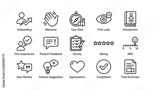 User onboarding and feedback icons with surveys on white background