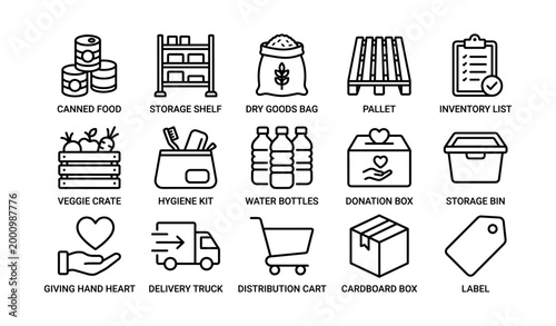 Food donation icons showing supplies and logistics on white background