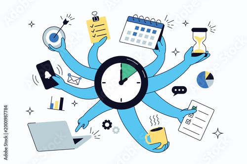 Time management flat concept for web design. Multitasking and productivity optimization, appointment in calendar, deadline hourglass, data graph and statistics charts workflow. Vector illustration.