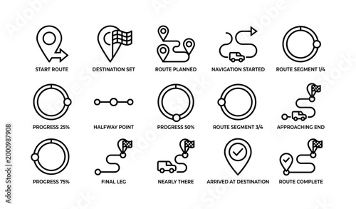 Route progress icons showing navigation stages on white background