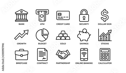 Financial icons showing banking services on white background