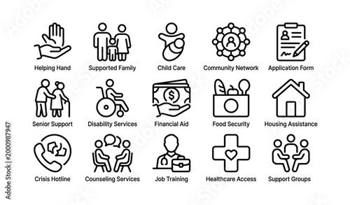 Social services icons showing assistance topics on white background