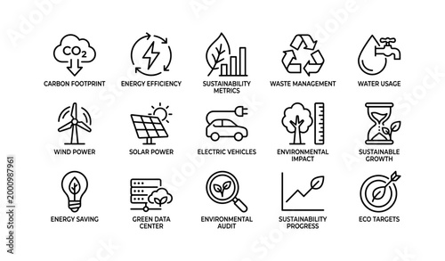 Sustainability icons showing environmental topics on white background