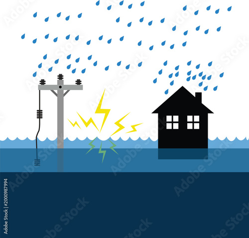 Flood Safety Vector Illustration – House, Electricity Risk, and Heavy Rain Design