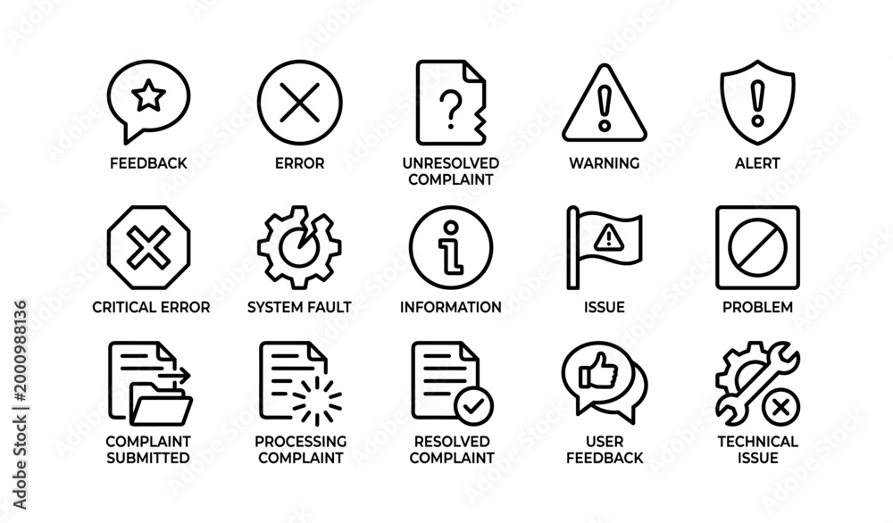 Fototapeta premium Set of status and complaint icons with labels on white background