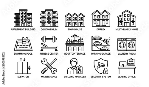 Residential building and facility icons arranged in grid on white