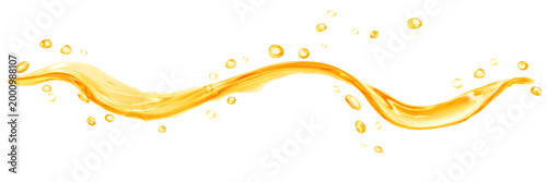 Translucent curved jet or splash of water with drops, in yellow colors, isolated on transparent background. Transparency only in vector file