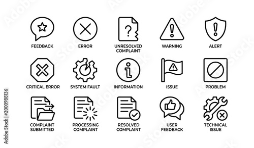 Set of status and complaint icons with labels on white background
