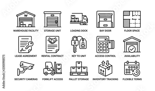 Warehouse and storage icons depicting logistics and access