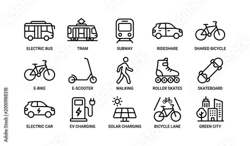 Sustainable urban mobility and transport icons arranged in grid