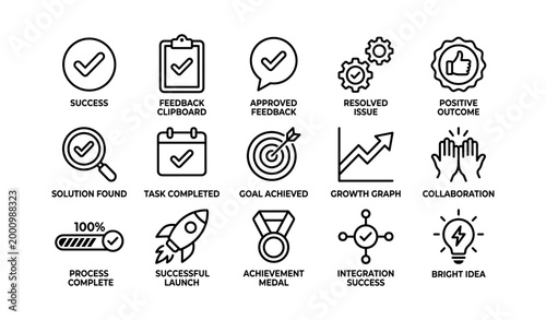Success and achievement icons displayed in grid on white background
