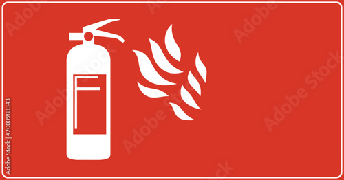 Fire extinguisher safety sign, red warning symbol with flame icon representing fire safety emergency response hazard prevention and workplace protection design.