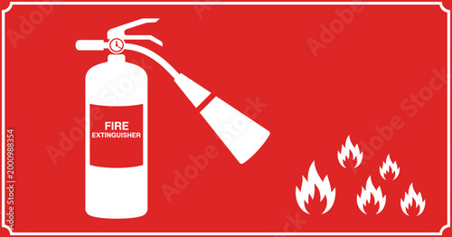 Fire extinguisher safety sign, flame icon on red background for emergency fire protection warning hazard prevention and industrial safety design.